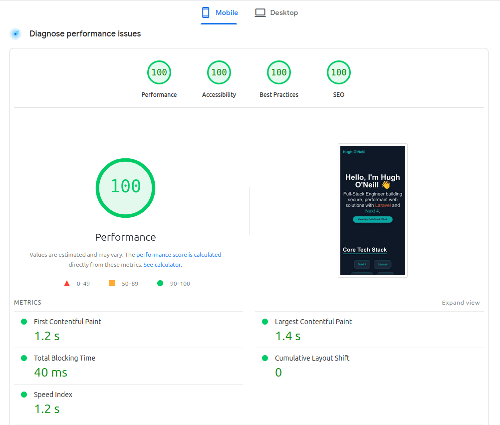 Screenshot showing a score of 100 in each Google PageSpeed Insights Category