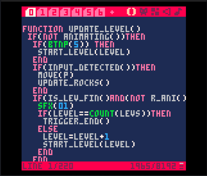 Screenshot showing the Pico 8 code editor